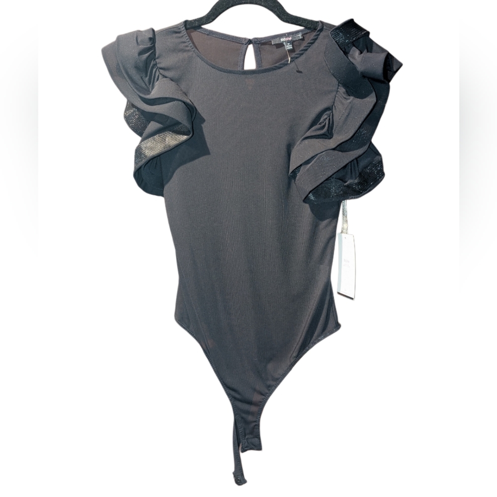 Chic Black Ruffle Sleeve Bodysuit